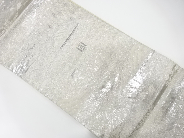 アンティーク　プラチナ銀箔二重織　屋敷に遠山・樹木模様織り出し袋帯（材料）